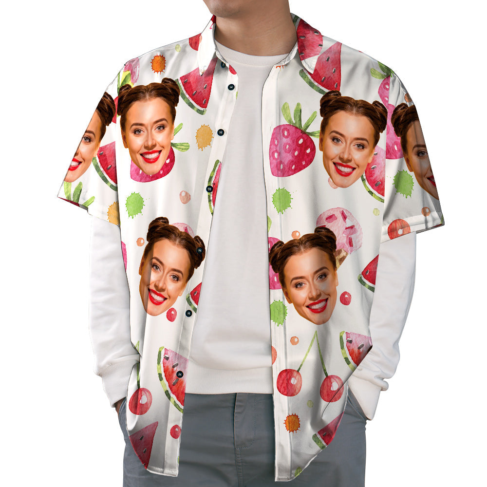 Face Print Hawaiian Shirt, Watermelon & Strawberries & Cherries Casual Beach Shirt-MyPhotoSocks