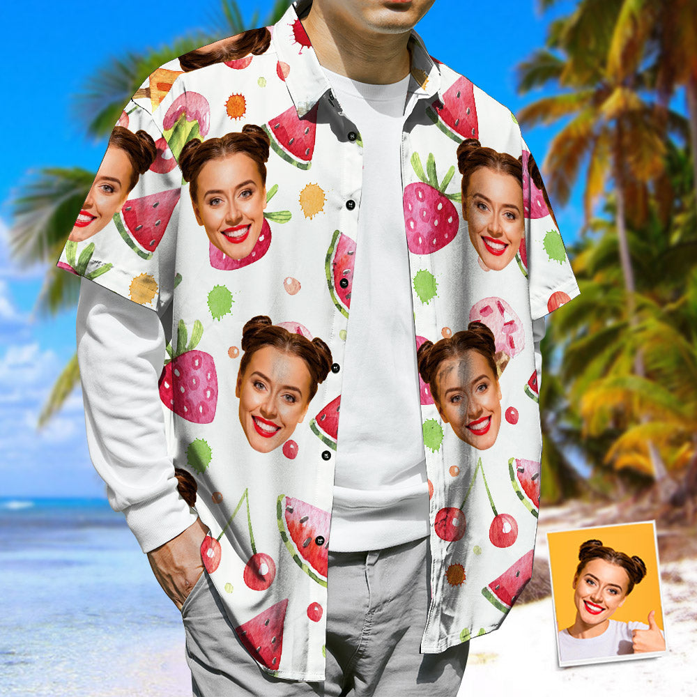 Face Print Hawaiian Shirt, Watermelon & Strawberries & Cherries Casual Beach Shirt-MyPhotoSocks