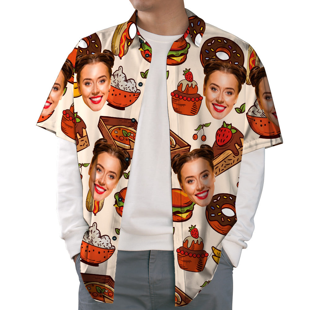 3D Face Print Hawaiian Shirt, Cheese Burger & Pizza Casual Tropical Funky Button-Down Shirt-MyPhotoSocks