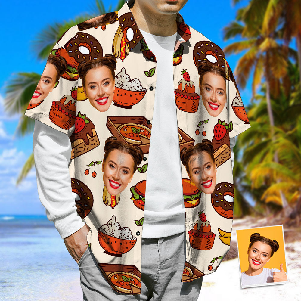 3D Face Print Hawaiian Shirt, Cheese Burger & Pizza Casual Tropical Funky Button-Down Shirt-MyPhotoSocks