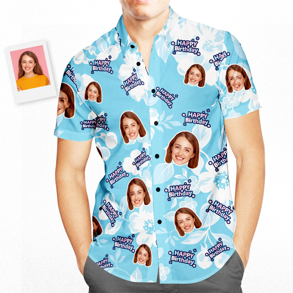 Custom Face Hawaiian Shirt White Flowers Personalized Birthday Gifts For Him