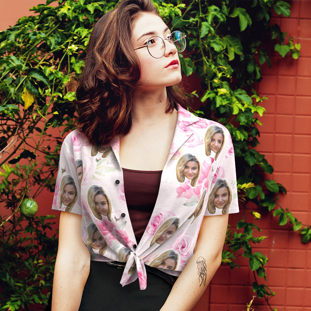 Custom Face Shirt Women's Hawaiian Shirt Short Sleeve Shirt Fashion Apparel Pink Flowers-MyPhotoSocks