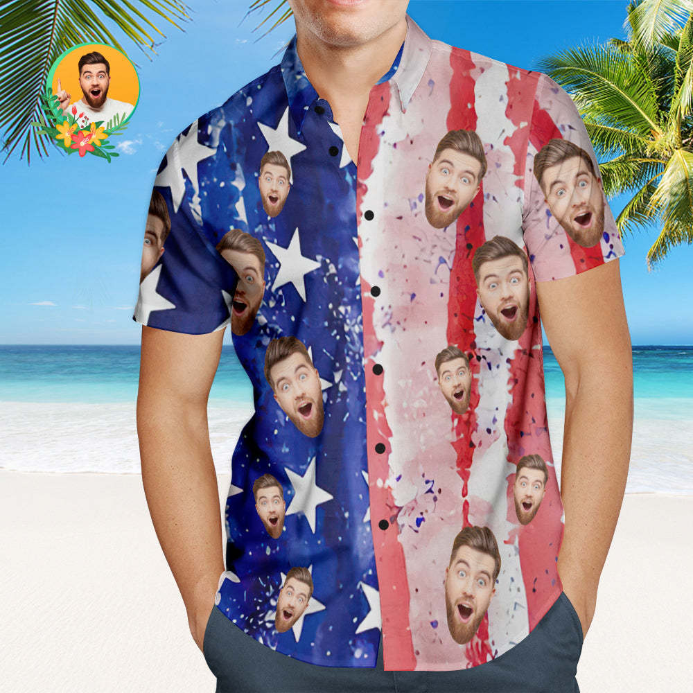 Custom Face Men's Patriotic Hawaiian Shirt Casual Breathable Short Sle