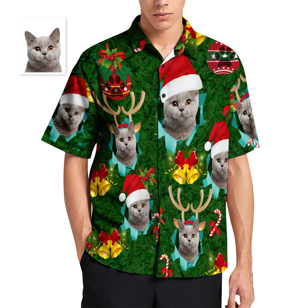 Custom Face Men's Hawaiian Shirt Santa Hat Antlers Christmas Shirt-MyPhotoSocks