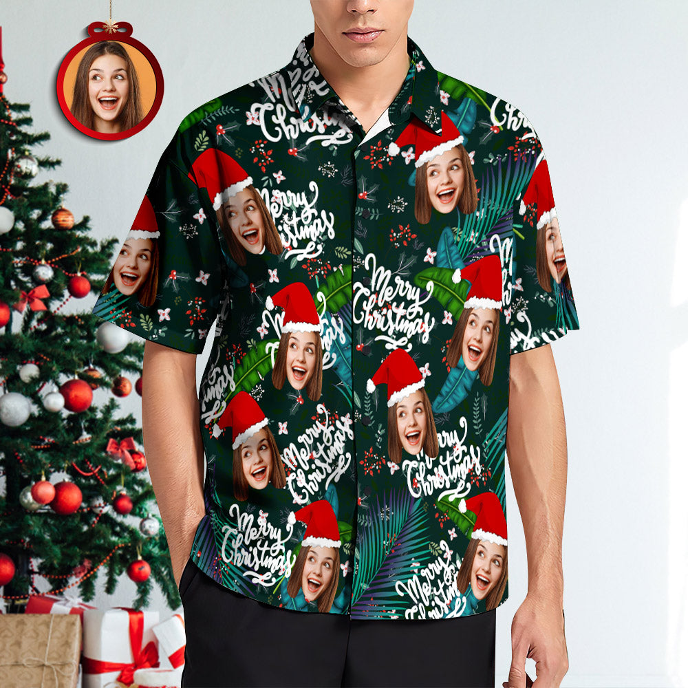Custom Face Hawaiian Shirts Personalized Photo Gift Men's Christmas Shirts Flower and Leaves-MyPhotoSocks
