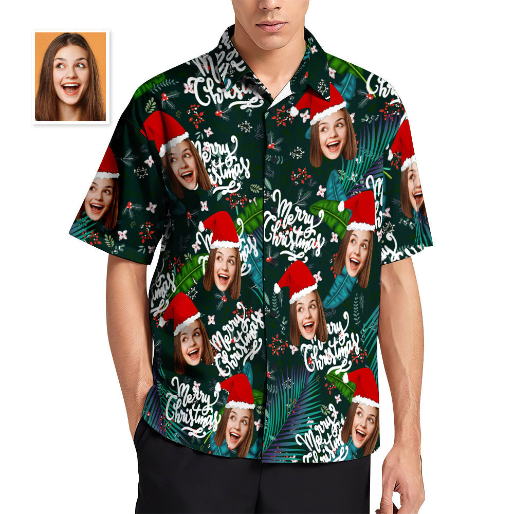 Custom Face Hawaiian Shirts Personalized Photo Gift Men's Christmas Shirts Flower and Leaves-MyPhotoSocks