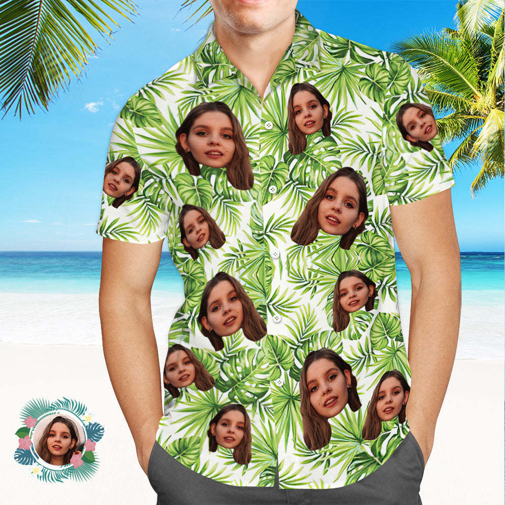 Custom Face Hawaiian Shirt Men's All Over Print Aloha Shirt Gift - Fresh Green Leaves - MyPhotoSocks