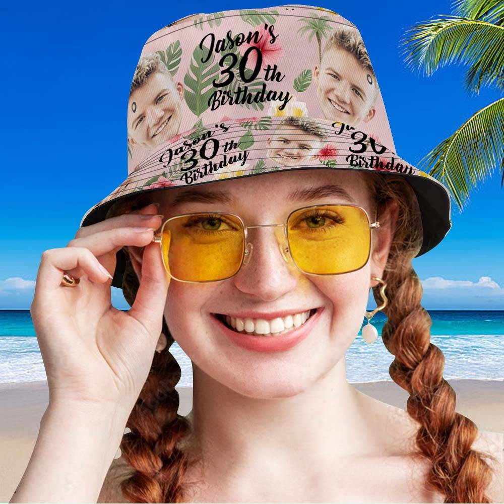 Custom Face Birthday Blue Bucket Hat Unisex Face Personalized Outdoor Summer Age and Birthday Hawaiian Hats Gift - MyPhotoSocks