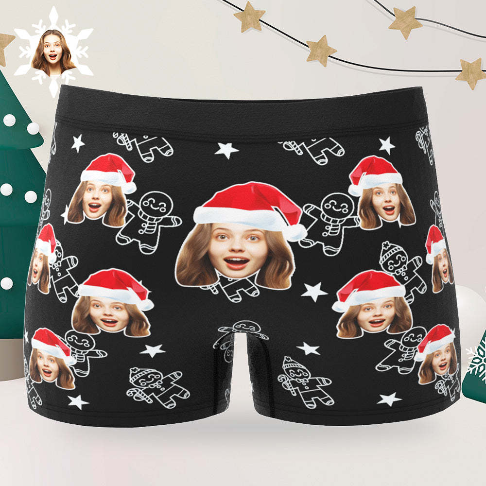 Custom Christmas Underwear with Face Personalized Boxers Printed with Biscuit Pattern & Hats Gift for Boyfriend - MyPhotoSocks