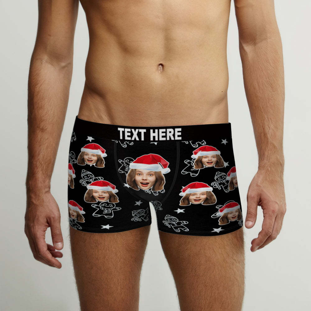 Custom Christmas Underwear with Face Personalized Boxers Printed with Biscuit Pattern & Hats Gift for Boyfriend - MyPhotoSocks