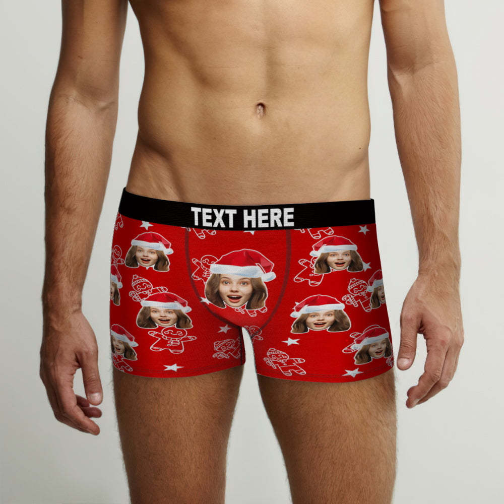 Custom Christmas Underwear with Face Personalized Boxers Printed with Biscuit Pattern & Hats Gift for Boyfriend - MyPhotoSocks