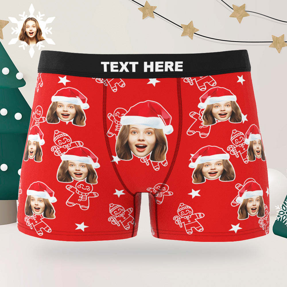 Custom Christmas Underwear with Face Personalized Boxers Printed with Biscuit Pattern & Hats Gift for Boyfriend - MyPhotoSocks