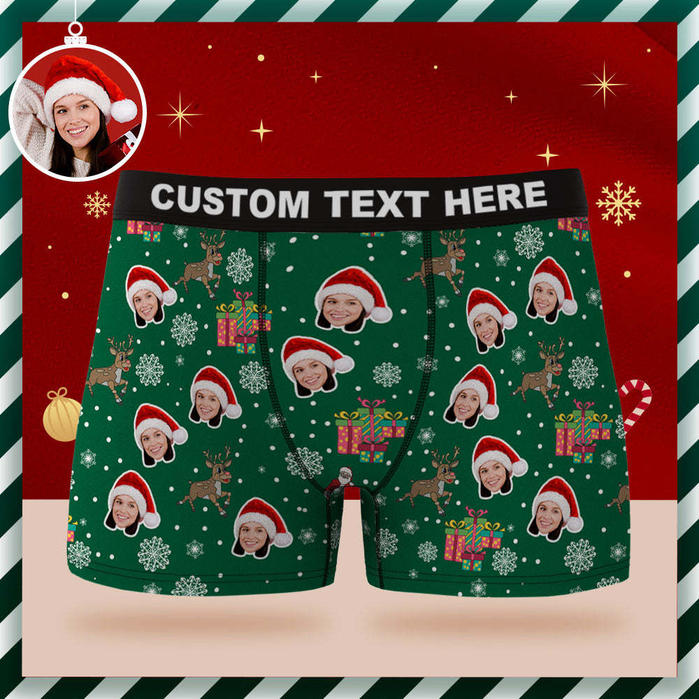 Custom Face Boxer Briefs Personalized Green Underwear Santa Claus and Elk Merry Christmas Gifts for Him - MyPhotoSocks