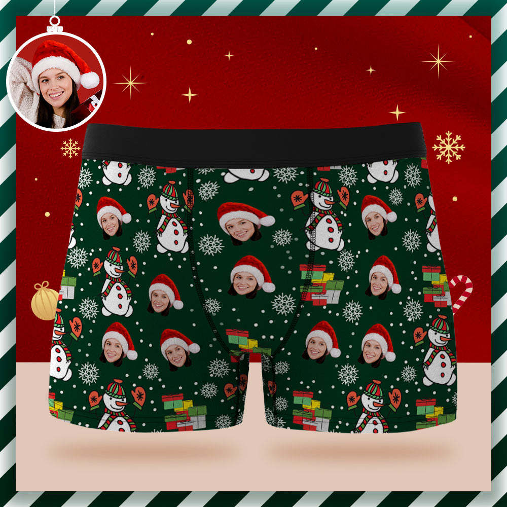Custom Face Boxer Briefs Personalized Green Underwear Snowman Merry Christmas Gifts for Him - MyPhotoSocks