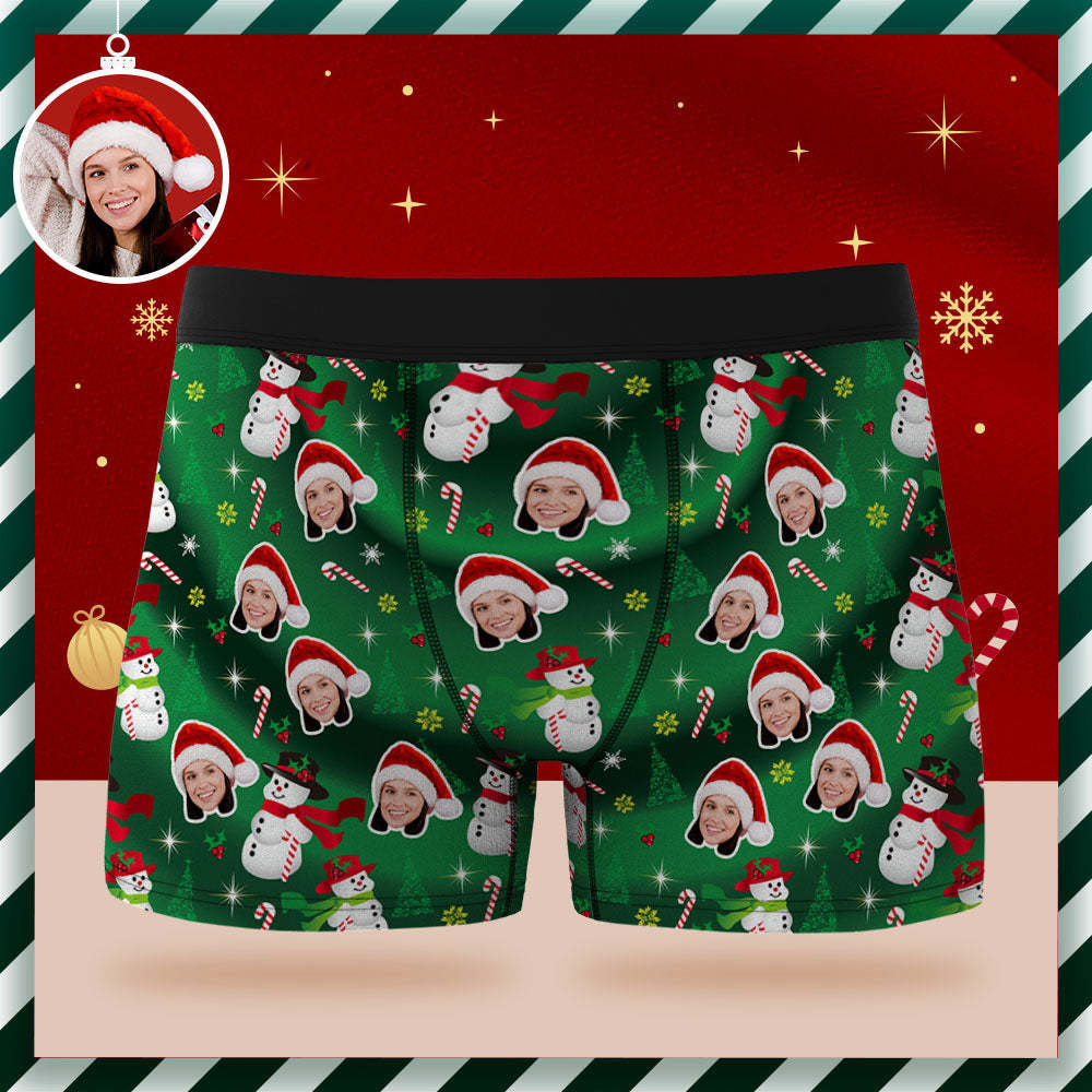 Custom Face Boxer Briefs Personalized Green Underwear Snowman Christmas Gifts for Him - MyPhotoSocks