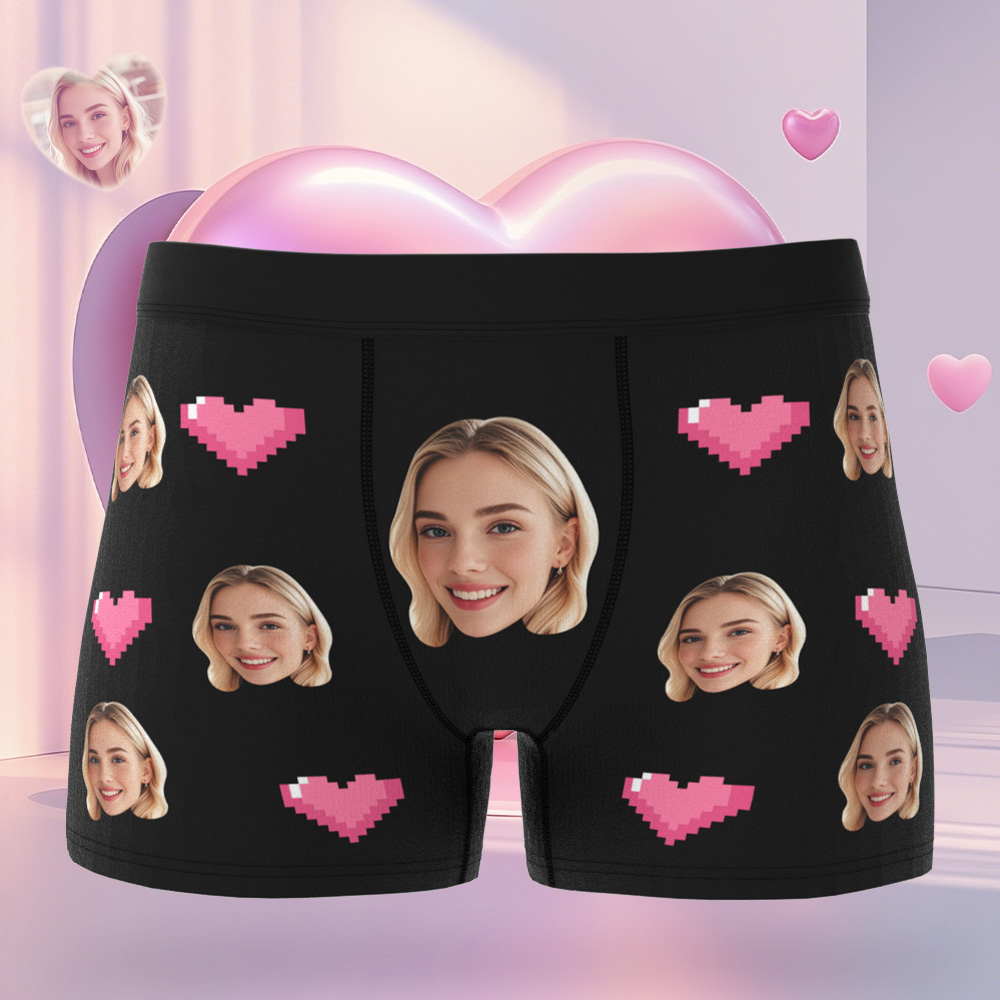 Custom Face Men's Boxer Pink Heart Style Black Underwear Gifts For Him
