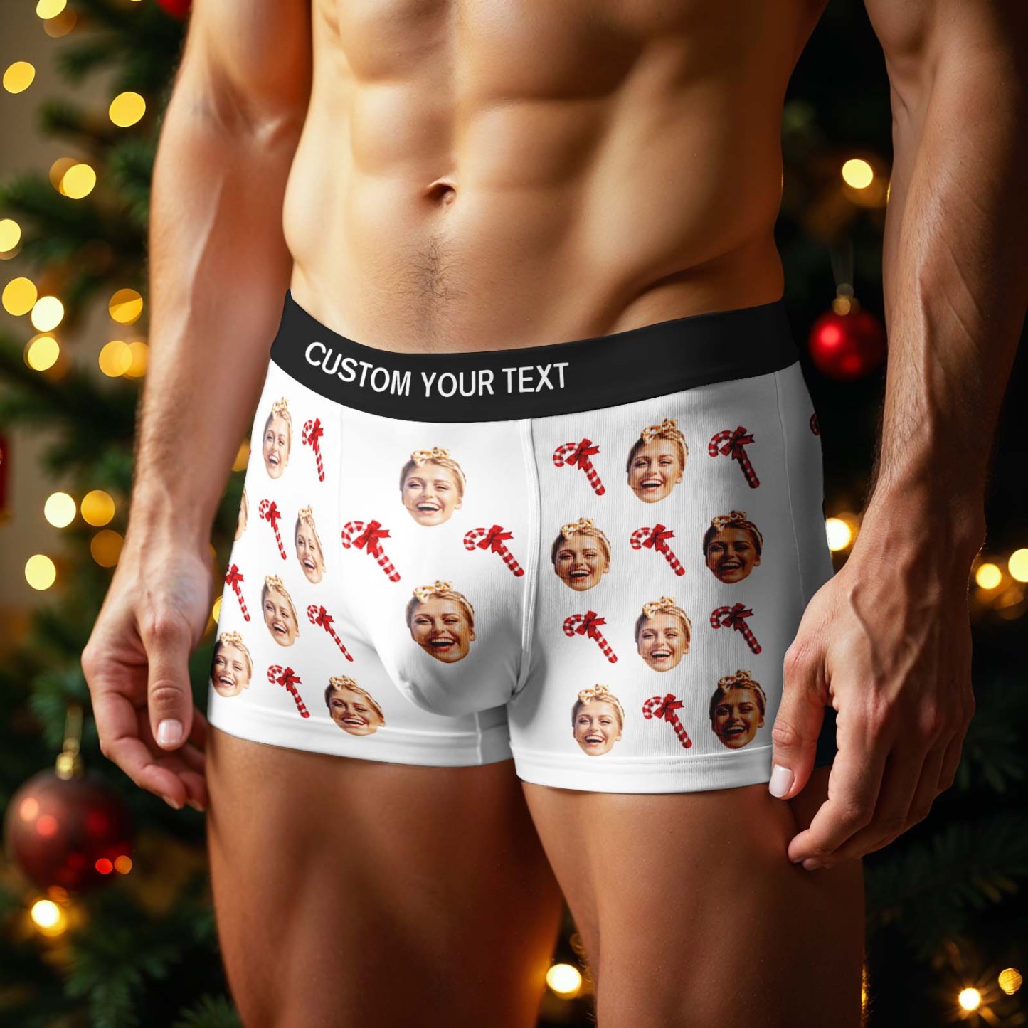 Personalized Face Boxer Men Underwear Christmas Gift Christmas Cane Boxer Personalized Photo Funny Men Boxer Gift - MyPhotoSocks