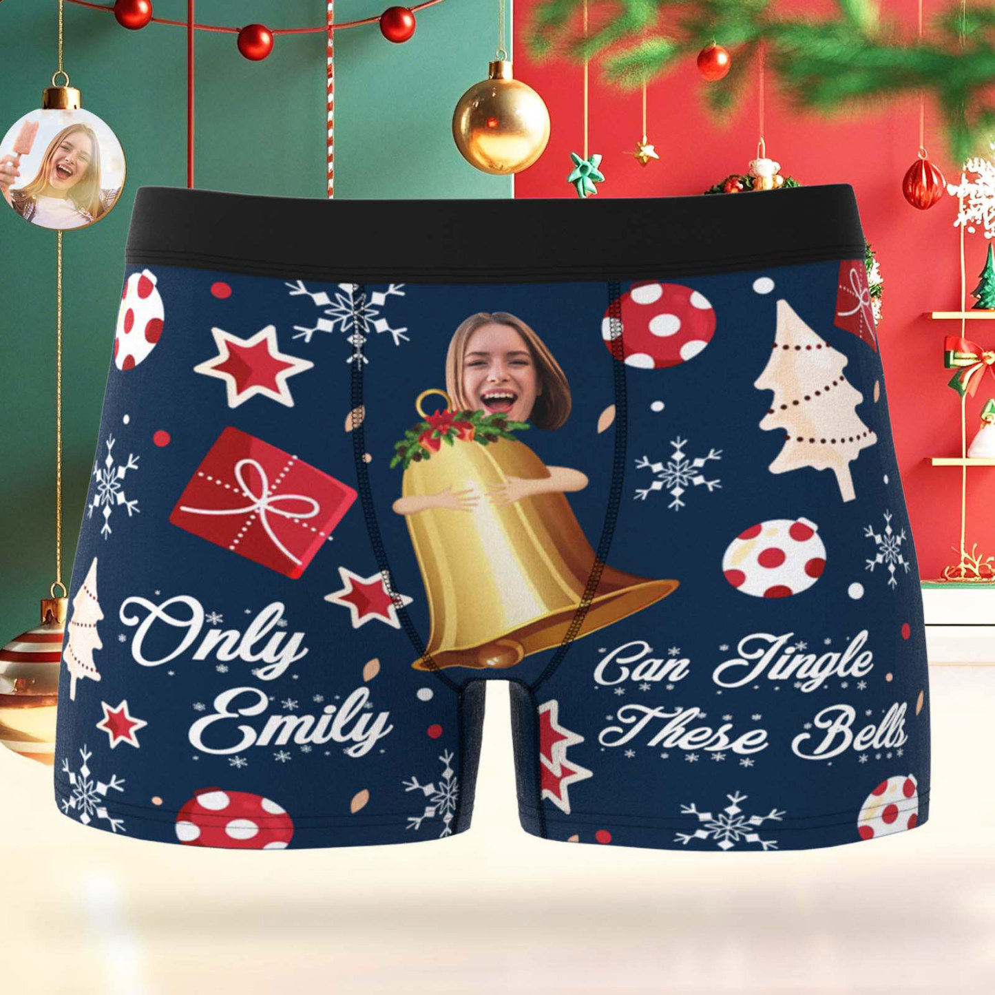 Custom Face Boxer Men Underwear Santa Gift Only Emily Can Jingle These Bells Personalized Photo Funny Men Boxer - MyPhotoSocks