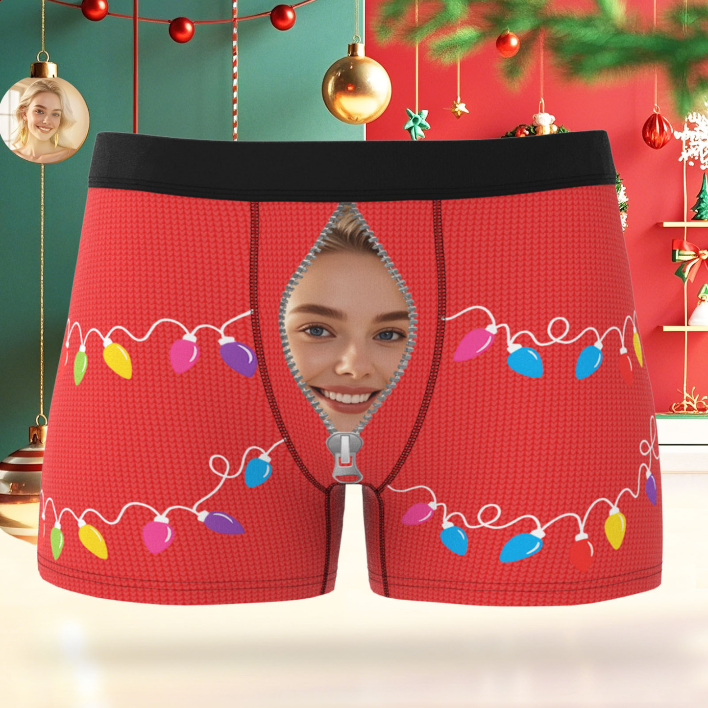 Custom Face Men's Boxer Underwear Santa Gift Christmas Lights Personalized Photo Funny Men's Boxer Briefs Christmas Valentine Christmas Gift - MyPhotoSocks