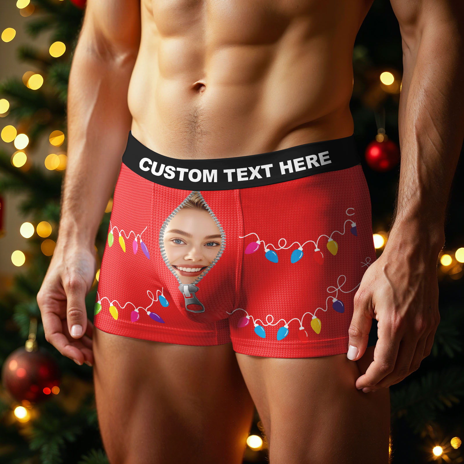 Custom Face Men's Boxer Underwear Santa Gift Christmas Lights Personalized Photo Funny Men's Boxer Briefs Christmas Valentine Christmas Gift