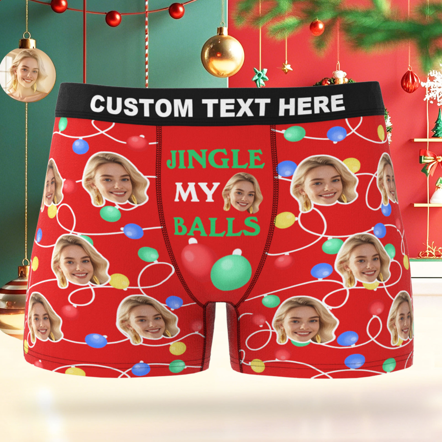 Custom Face Men's Boxer Underwear Christmas Light Santa Gift JINGLE MY BALLS Underwear Personalized Photo Funny Men's Boxer Briefs Christmas Valentine Gift - MyPhotoSocks