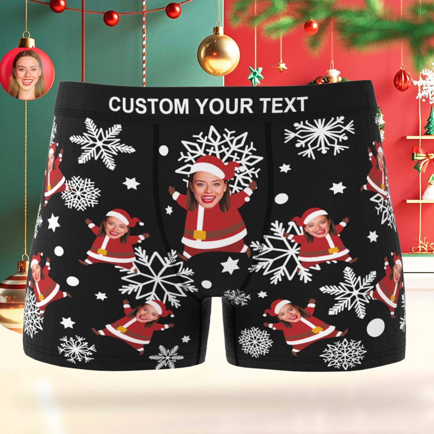 Custom Face Men's Boxer Underwear Snowflake Bells Boxer Personalized Photo Funny Men's Boxer Briefs Christmas Gift - MyPhotoSocks