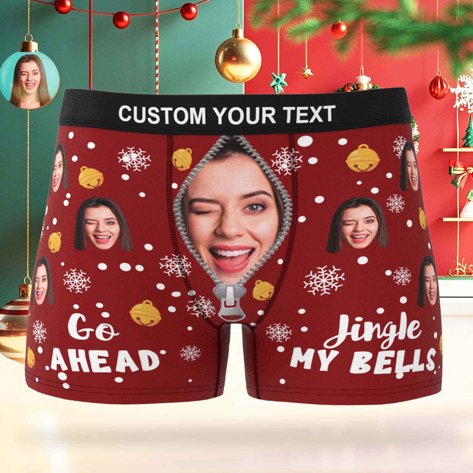 Custom Face Men's Boxer Underwear Snowflake Bells Boxer Personalized Photo Funny Men's Boxer Briefs Christmas Gift