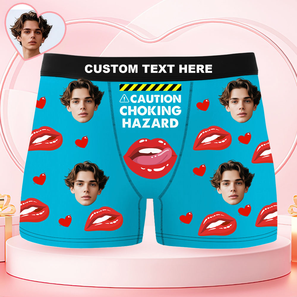 Custom Face Men's Boxer Underwear CAUTION CHOKING HAZARD Red Lip Boxer Gift Personalized Photo Funny Men's Boxer Briefs - MyPhotoSocks