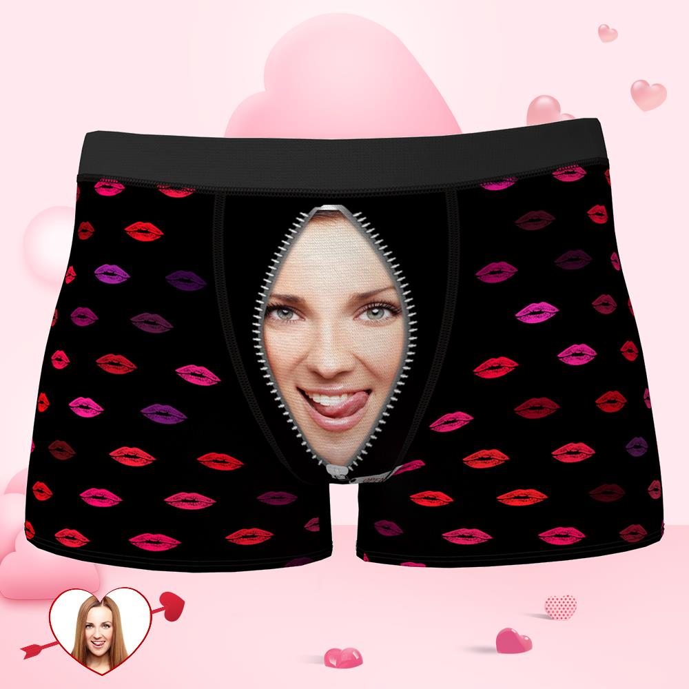 Custom Face Boxer Lip Print on Zipper Boxer Shorts Valentine's Day Gifts-MyPhotoSocks