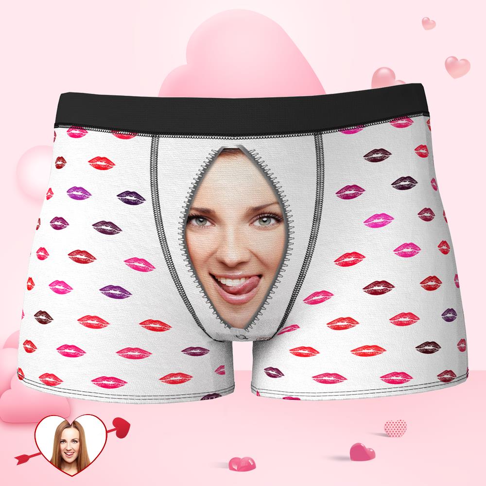 Custom Face Boxer Lip Print on Zipper Boxer Shorts Valentine's Day Gifts-MyPhotoSocks