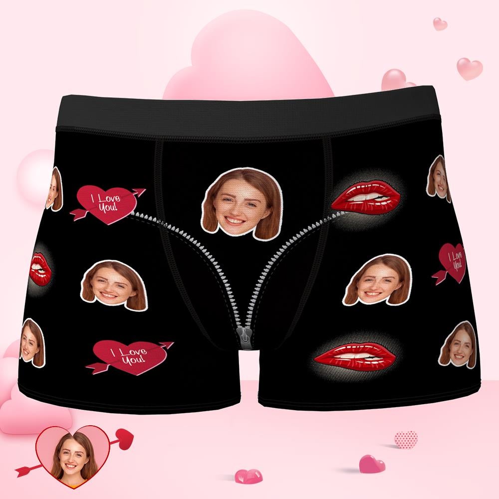 Custom Face Boxer Heart and Lip Print Funny Shorts Valentine's Day Gifts-MyPhotoSocks