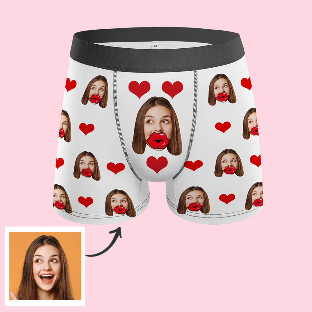 Custom Face Red Lips and Heart Boxer Personalized Valentine's Day Gift For Him-MyPhotoSocks