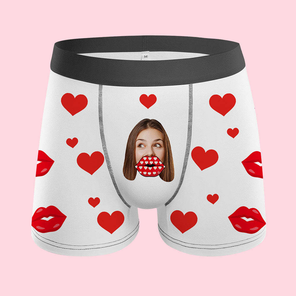 Custom Face Heart Boxer Personalized Funny Lips Boxer Shorts Valentine's Day Gift -