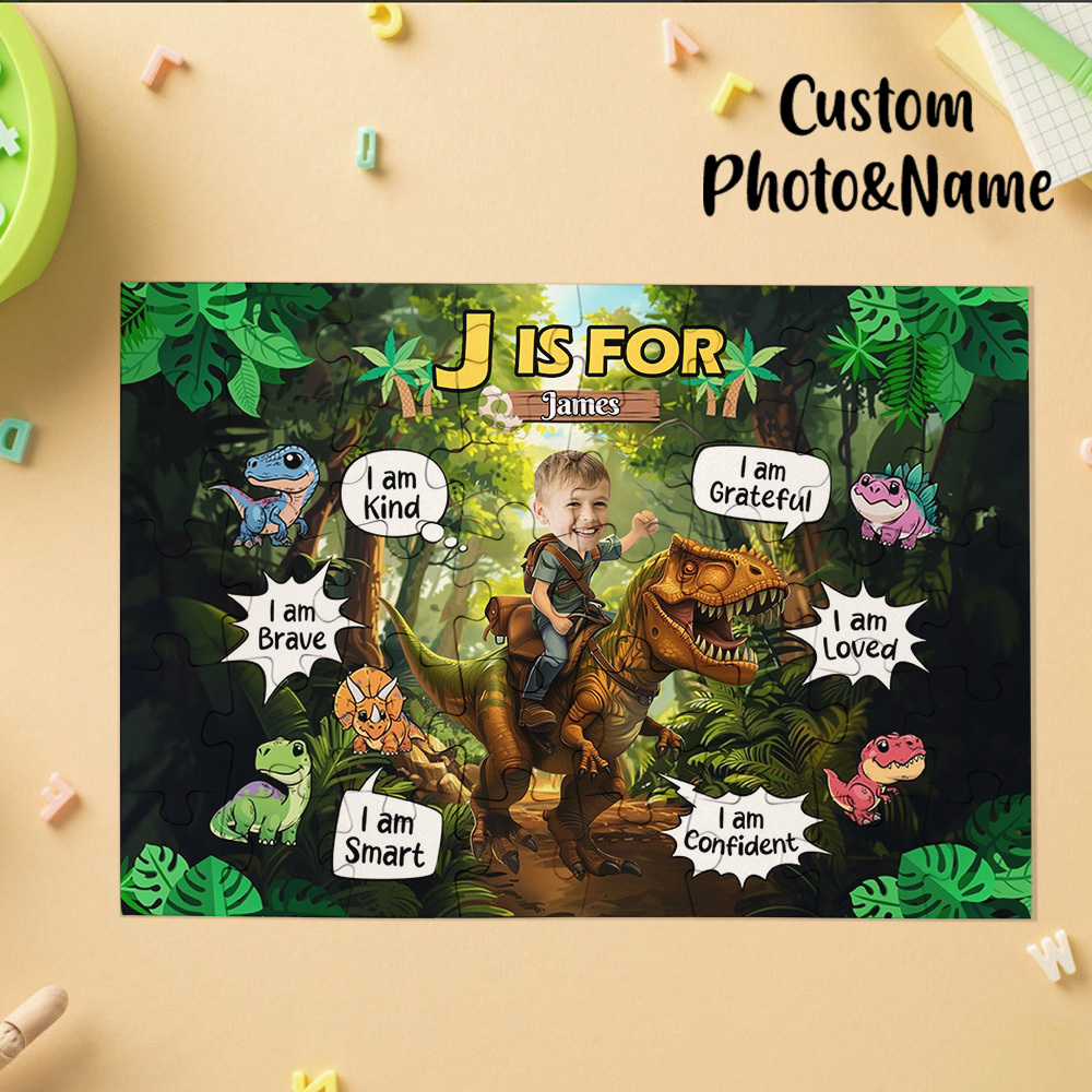 Little Boy Riding Dinosaur - I Am Kind I Am Brave - Personalized Photo Jigsaw Puzzle