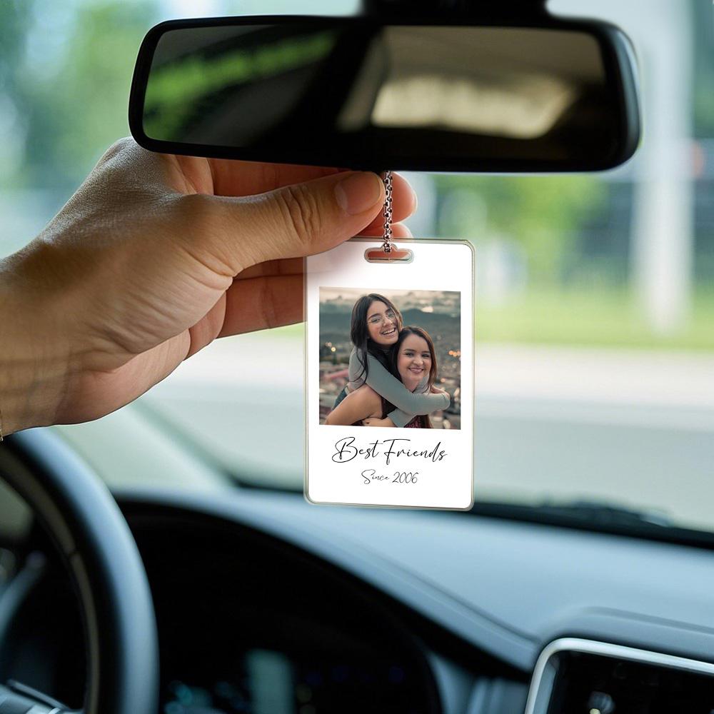 Custom Car Rearview Mirror Photo Tag – Personalized Hanging Ornament with Picture & Text – Drive Safe Gift for Him or Her