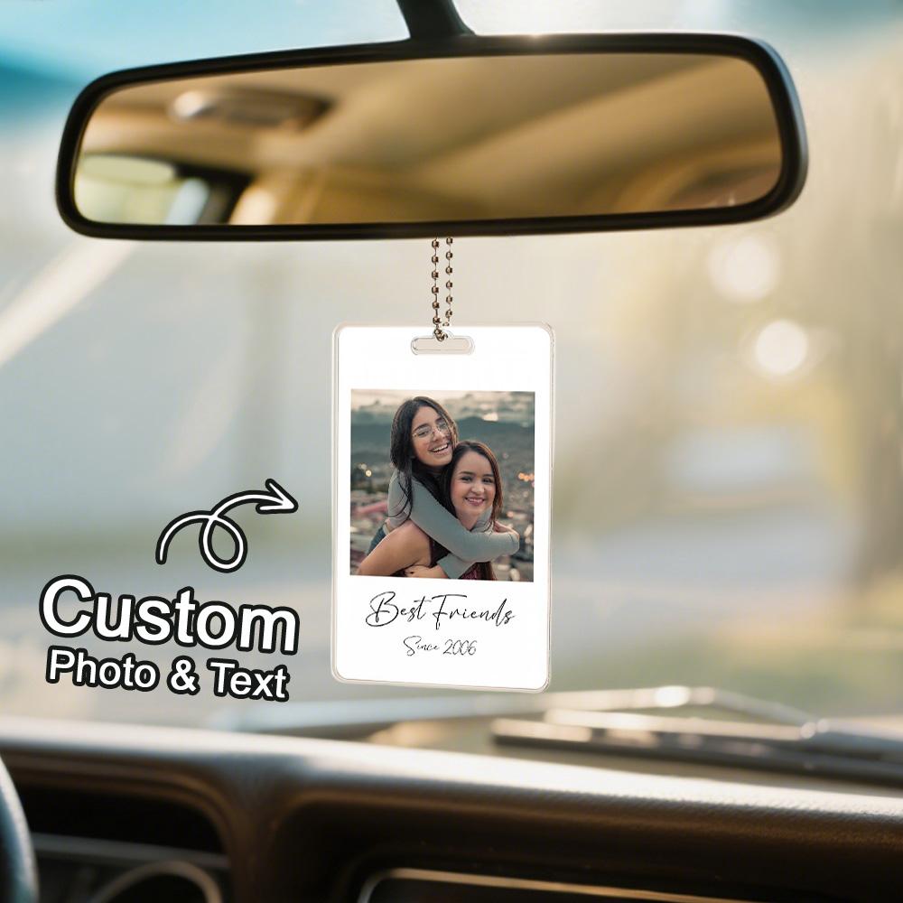 Custom Car Rearview Mirror Photo Tag – Personalized Hanging Ornament with Picture & Text – Drive Safe Gift for Him or Her