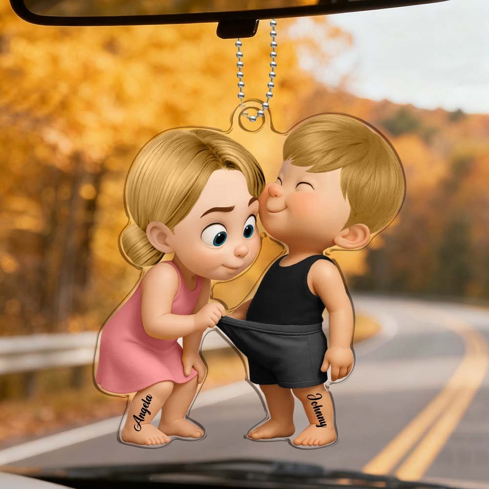 Personalized Acrylic Car Hanger - Cute Couple Kissing Moment - Custom Name Gift for Boyfriend & Girlfriend