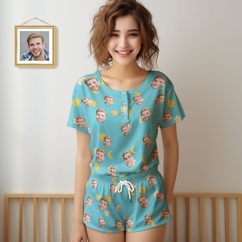Custom Face Pajamas Women Blue Short Pajama Set Gift - MyPhotoSocks