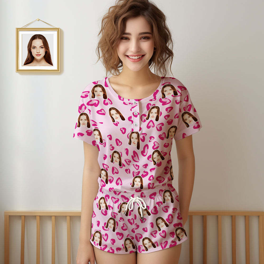 Custom Face Pajamas Women Blue Short Pajama Set Gift Pink Heart - MyPhotoSocks