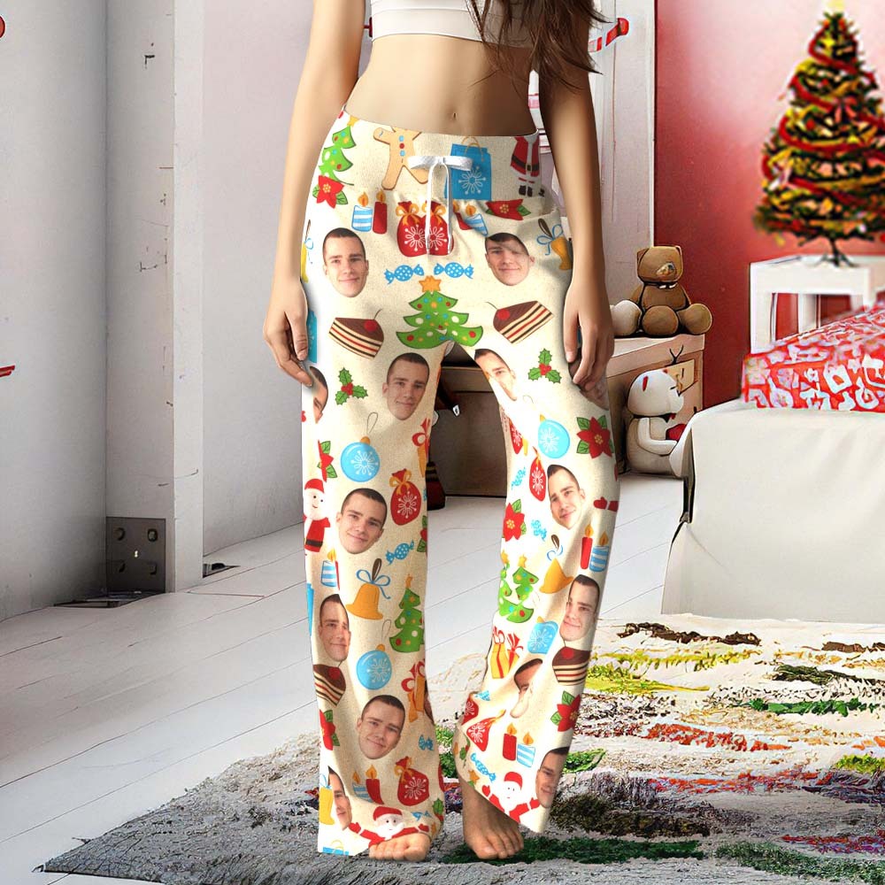 Custom Face Pants Ladie's Loose Wide-leg Pajama Pants Santa Claus and Gingerbread Man Merry Christmas - MyPhotoSocks
