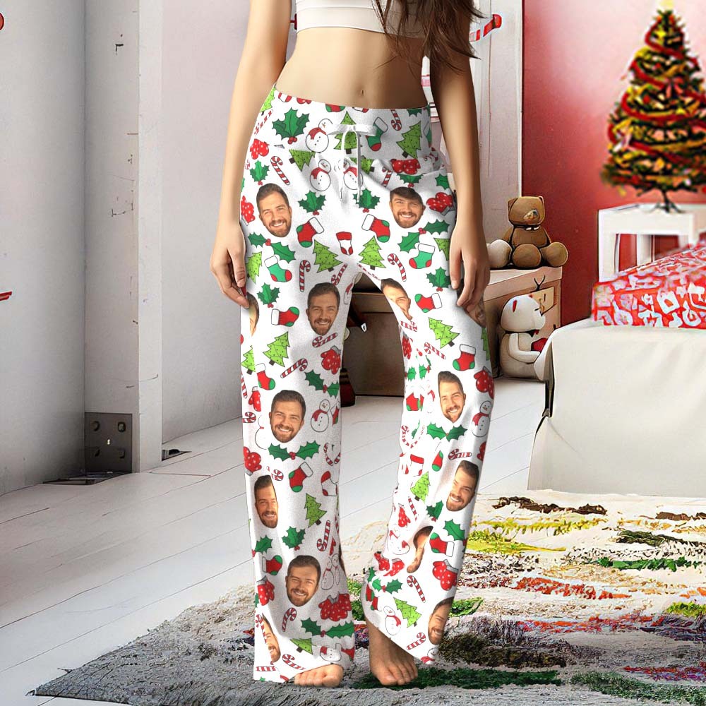 Custom Face Pants Ladie's Loose Wide-leg Pajama Pants Mistletoe Merry Christmas - MyPhotoSocks