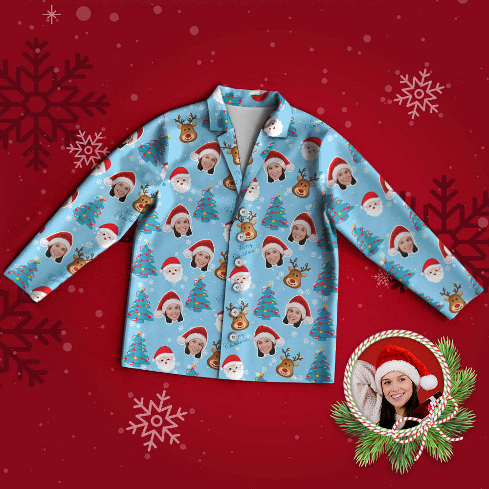 Custom Face Pajama Personalized Blue Photo Pajamas Santa Claus and Elk Christmas Gifts - MyPhotoSocks