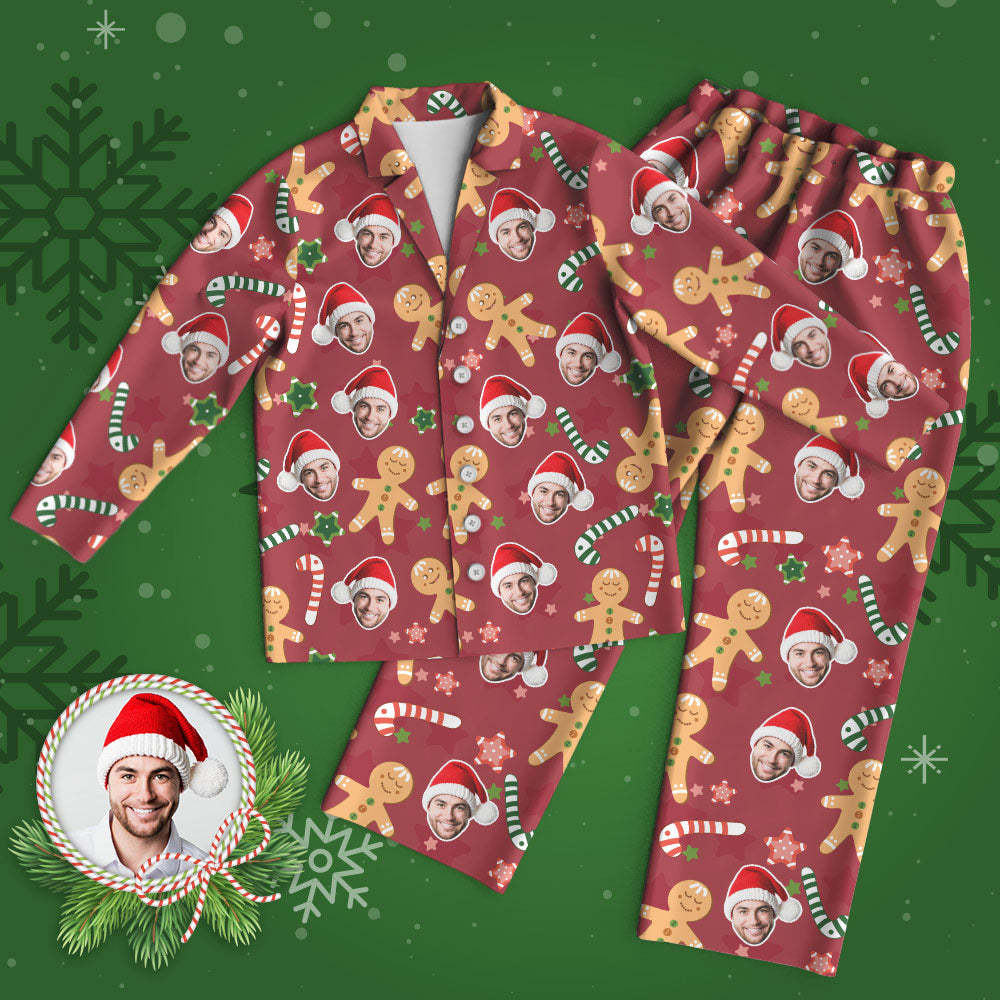 Custom Face Pajama Personalized Red Photo Pajamas Cute Gingerbread Man Christmas Gifts - MyPhotoSocks