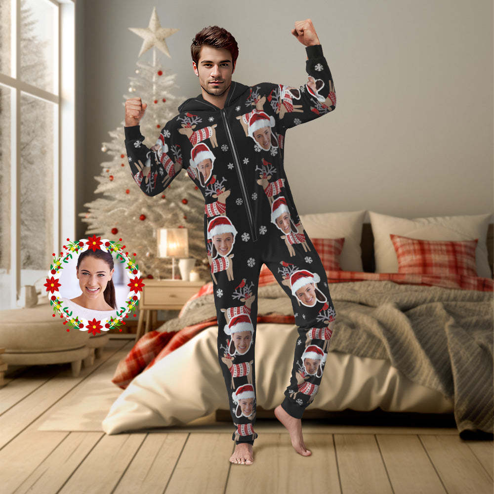 Custom Face Christmas Elk Onesies Pajamas One-Piece Sleepwear Christmas Gift - MyPhotoSocks