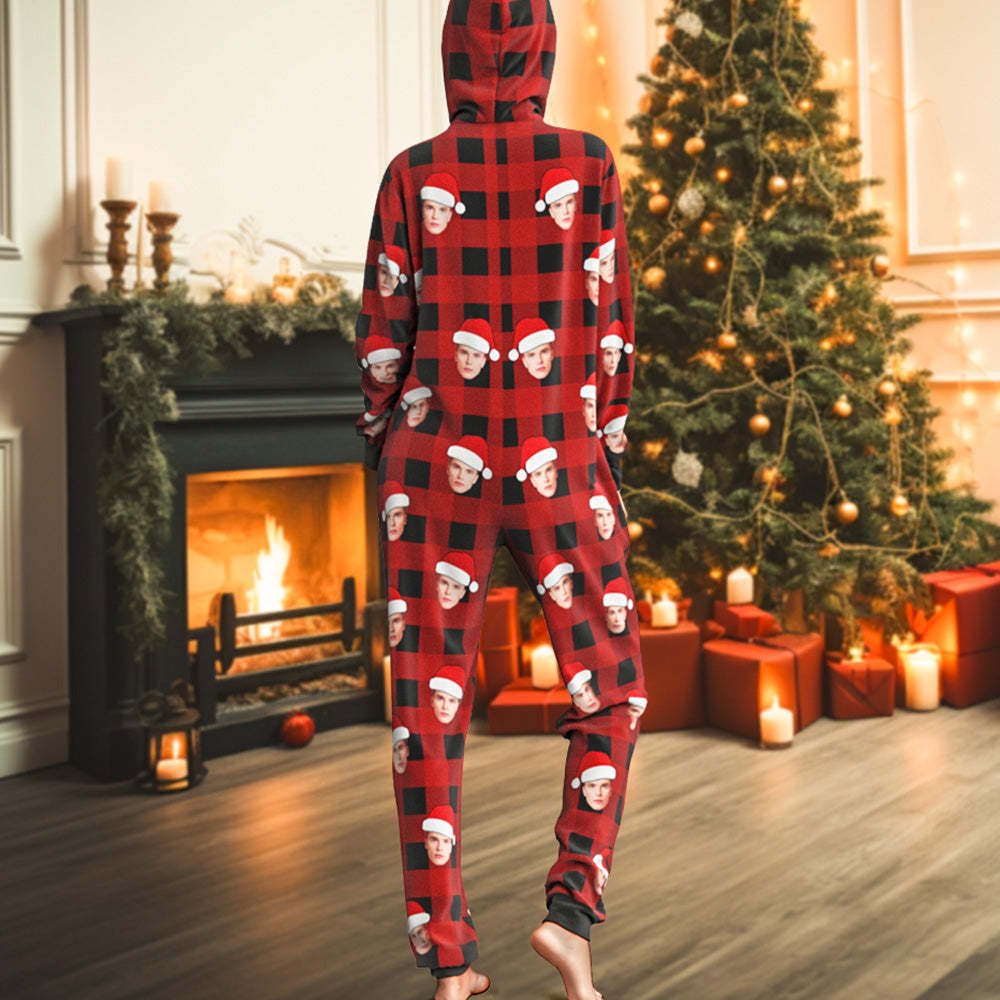 Custom Face Onesies Pajamas One-Piece Sleepwear Red and Black Plaid Jumpsuit Homewear Christmas Gift - MyPhotoSocks