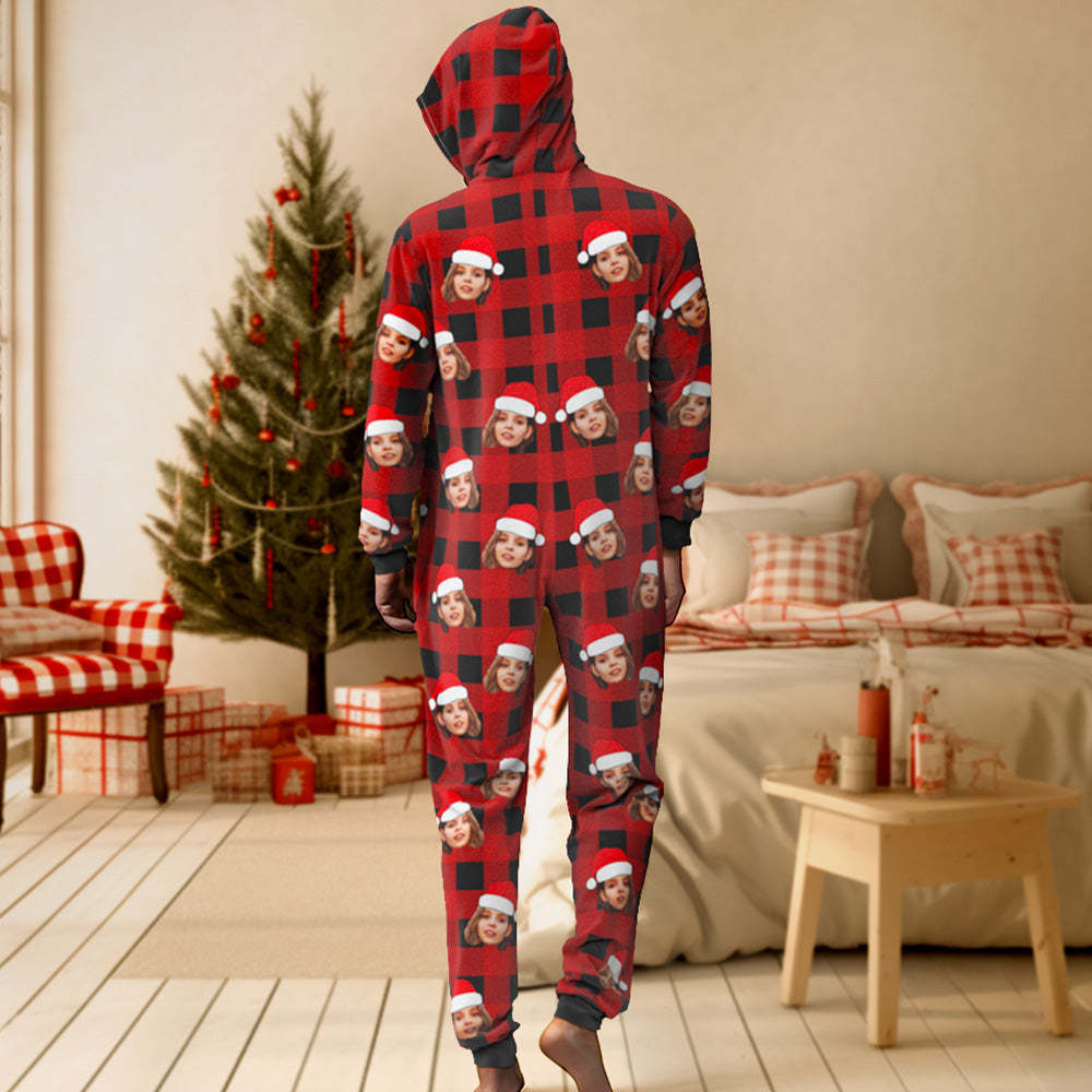 Custom Face Onesies Pajamas One-Piece Sleepwear Red and Black Plaid Jumpsuit Homewear Christmas Gift - MyPhotoSocks