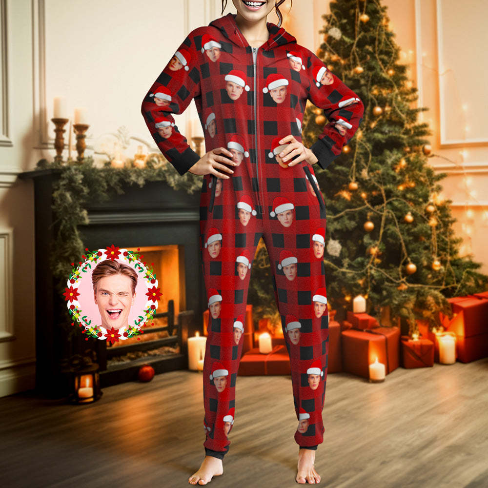 Custom Face Onesies Pajamas One-Piece Sleepwear Red and Black Plaid Jumpsuit Homewear Christmas Gift - MyPhotoSocks