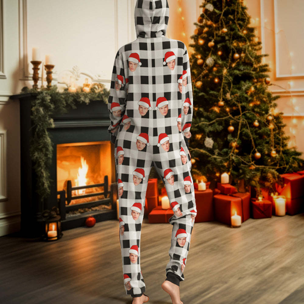 Custom Face Onesies Pajamas One-Piece Sleepwear Red and Black Plaid Jumpsuit Homewear Christmas Gift - MyPhotoSocks