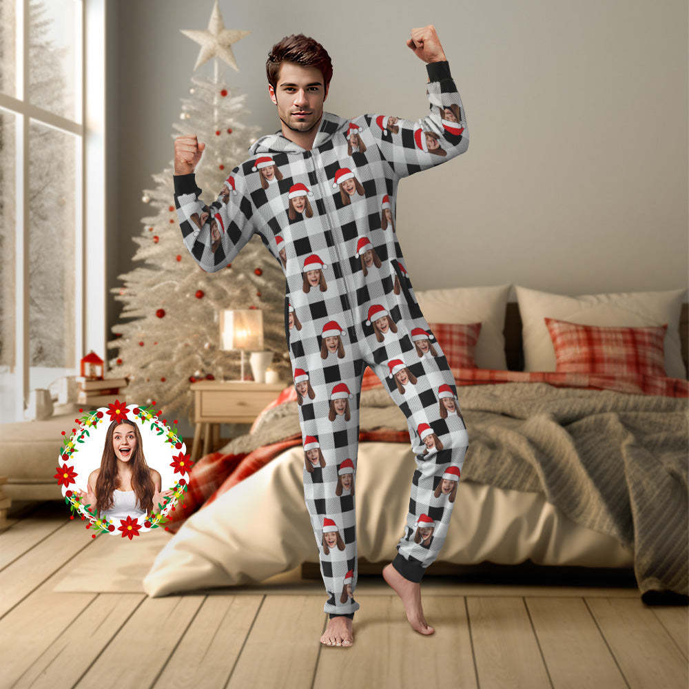 Custom Face Onesies Pajamas One-Piece Sleepwear Red and Black Plaid Jumpsuit Homewear Christmas Gift - MyPhotoSocks