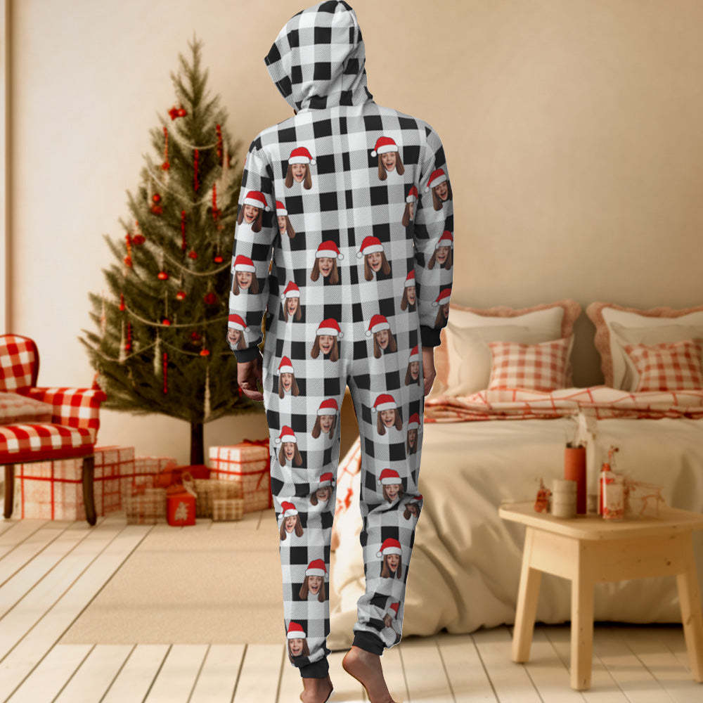 Custom Face Onesies Pajamas One-Piece Sleepwear Red and Black Plaid Jumpsuit Homewear Christmas Gift - MyPhotoSocks